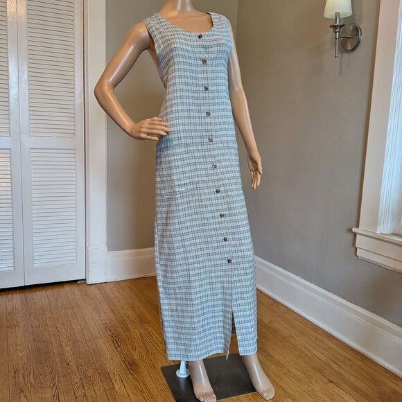 Vintage 90s AMI Knit Plaid Maxi Dress Button Front Gray Pockets Minimalist L - Picture 1 of 9